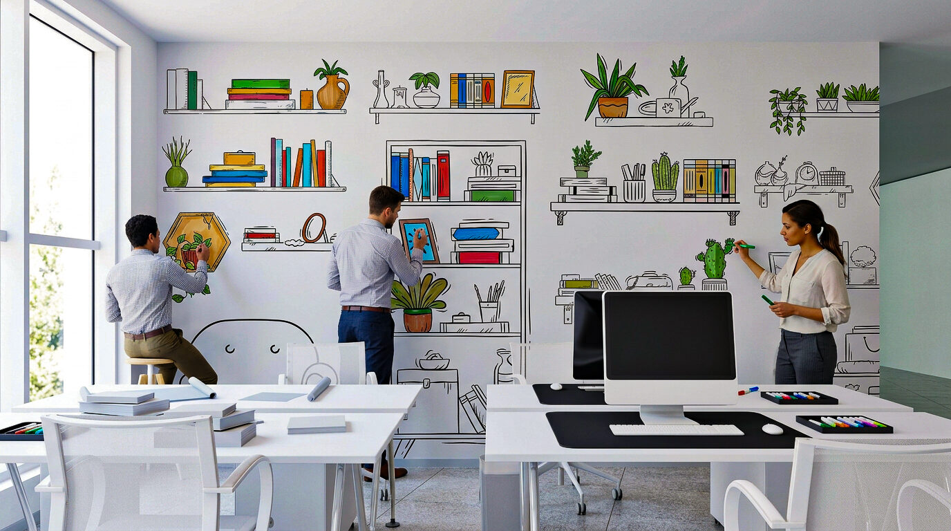 Équipe en train de colorier une fresque murale de bibliothèque au bureau