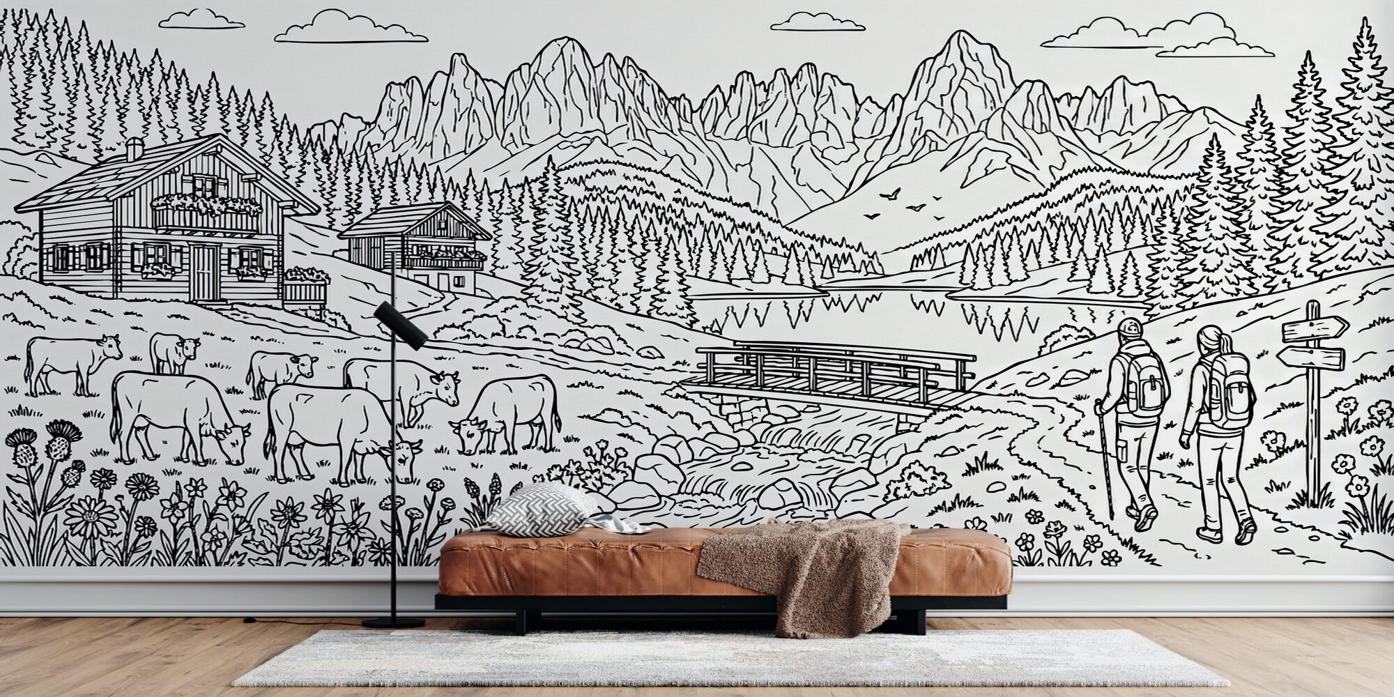 Fresque murale montagne à colorier chalets et sommets enneigés