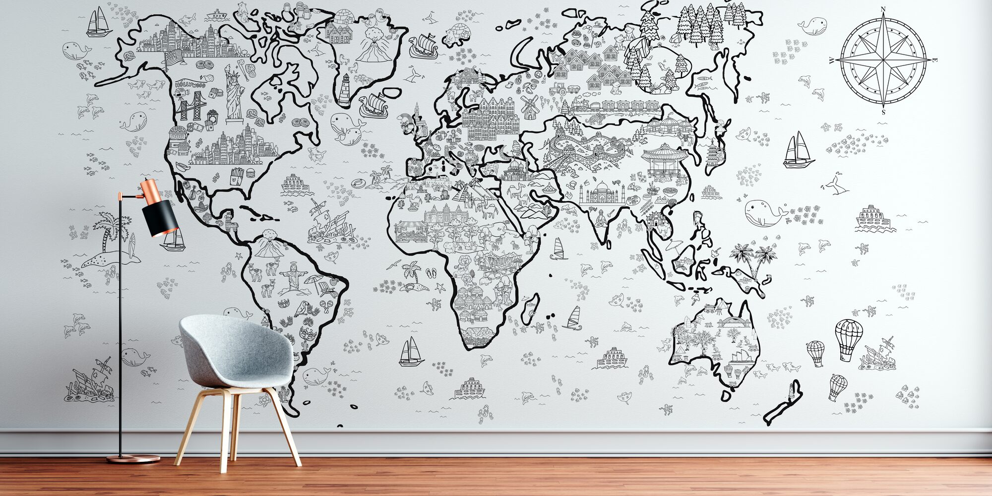 Fresque murale panoramique à colorier carte du monde