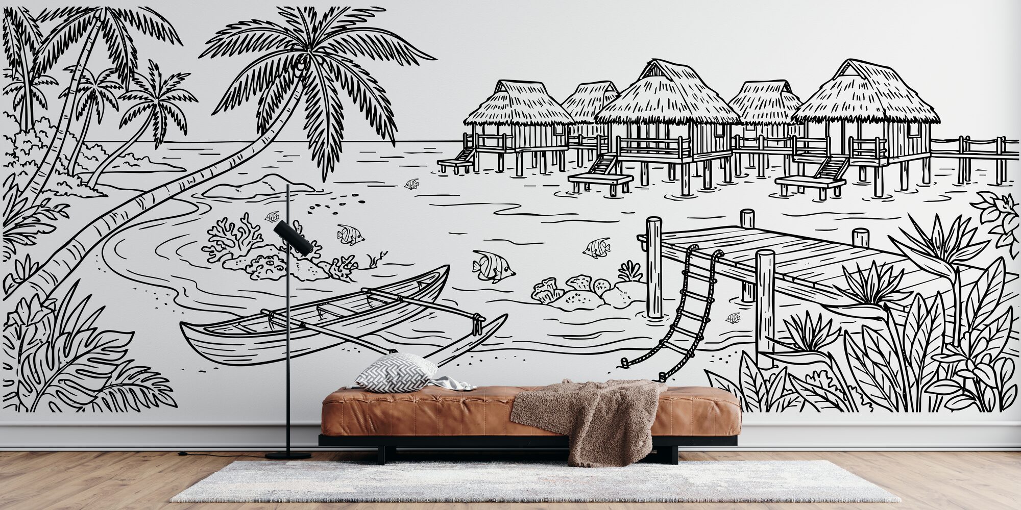 Fresque murale plage à colorier avec palmiers et bungalows sur pilotis