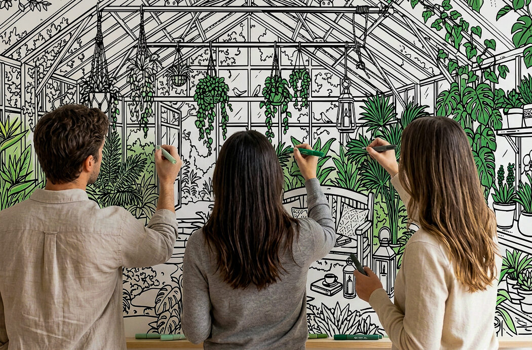Trois collègues coloriant une fresque murale géante représentant une véranda végétale