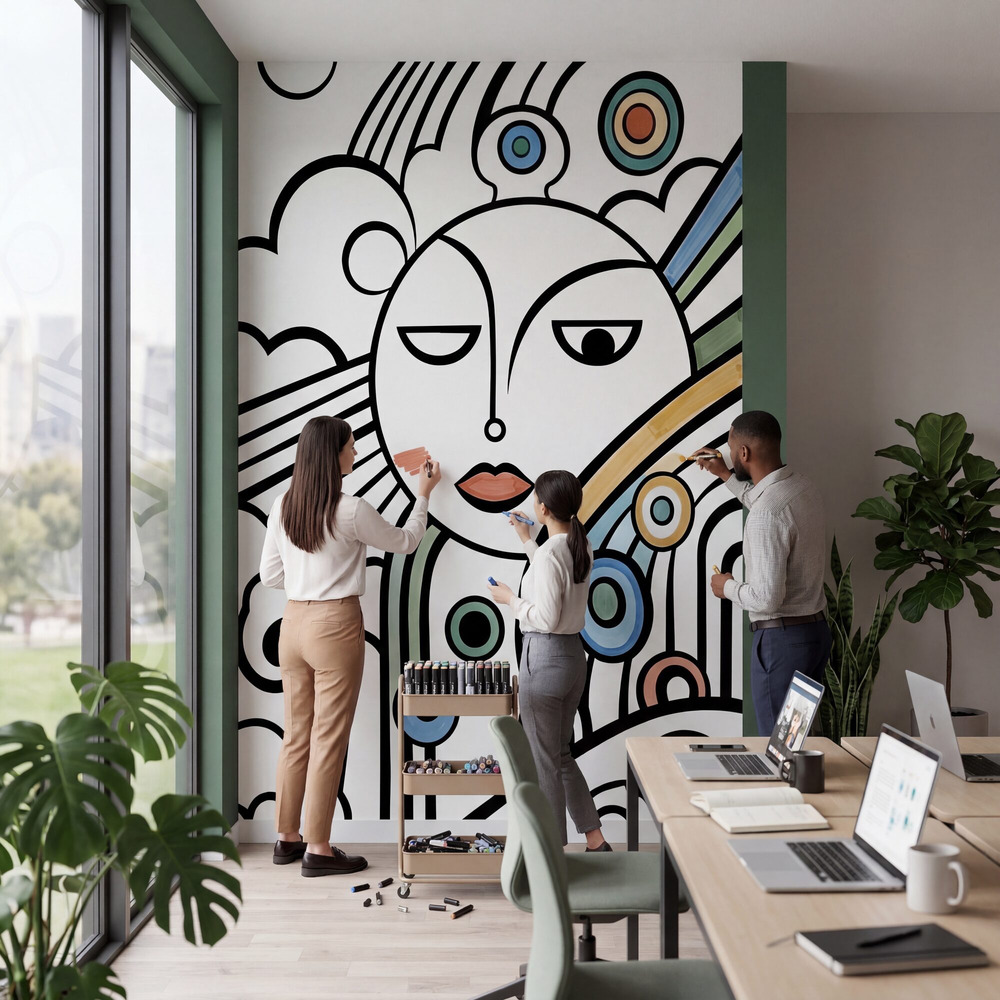Fresque à colorier géante peinte par une équipe en entreprise pour un événement team building