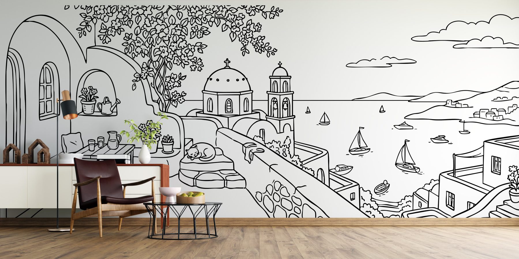 Fresque murale paysage grec à colorier - décoration bureau marque employeur