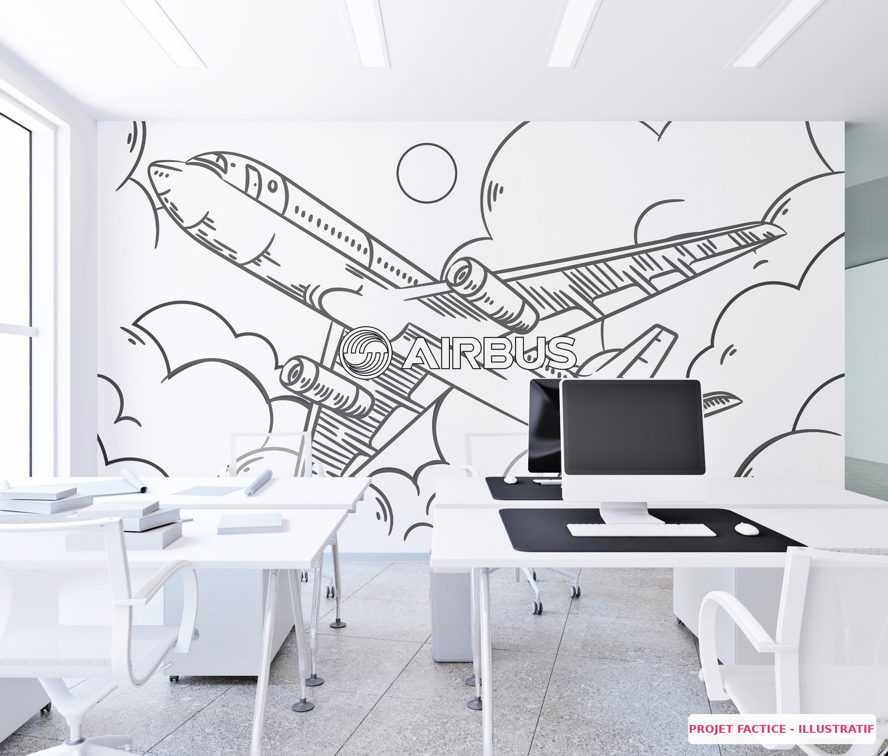 Bureau personnalisé avec fresque murale logo entreprise - marque employeur